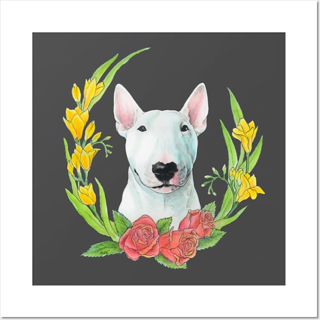 Bull terrier with flowers Wall Art by Noewi